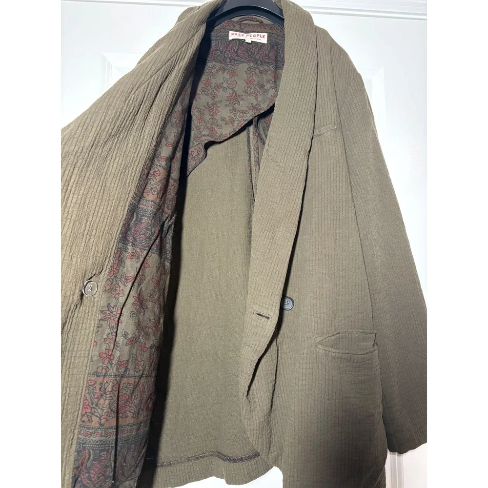 Free People Oversized Shawl Collar Blazer Olive Green‎ Textured Gauze Jacket L